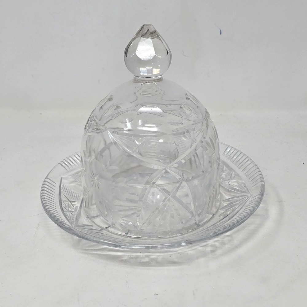 Vtg cut glass butter wish w/dome lid small clear Victorian Shabby Chic Tea Party